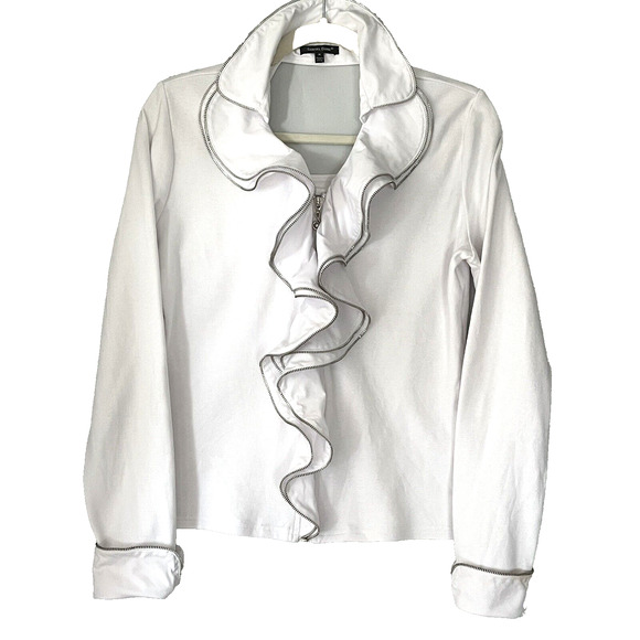 Samuel Dong Womens Blouse Jacket SZ M White Full Zip Accent Ruffles Romantic - Picture 1 of 14